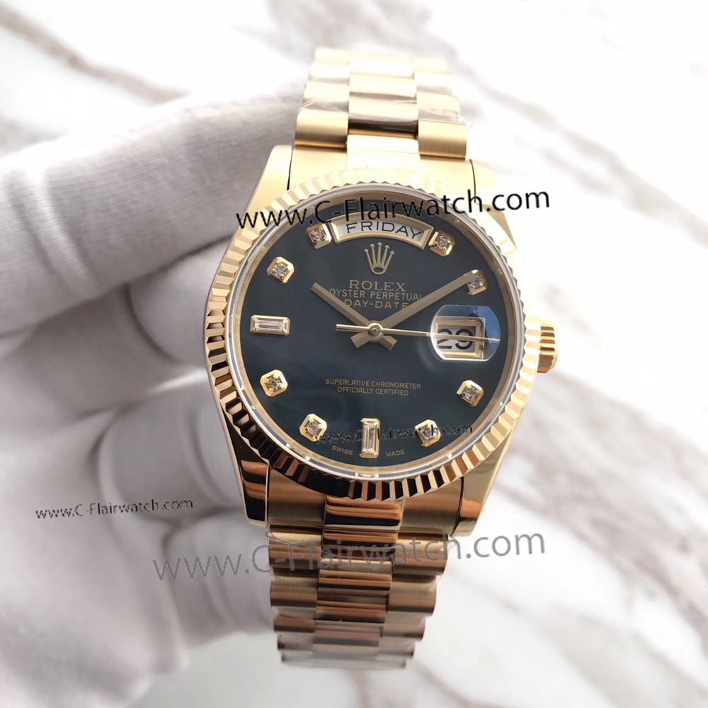 Fake Rolex Presidential Day Date All Gold Black Diamonds Watch 3